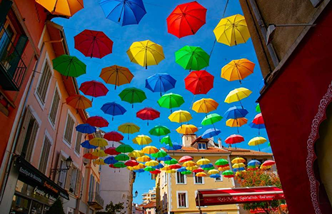 Abstract arrangement of colorful umbrellas
